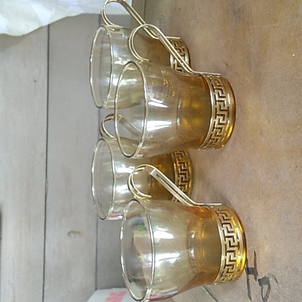 4 vtg Libbey amber gold Greek Key metal handle coffee ☕ cups
